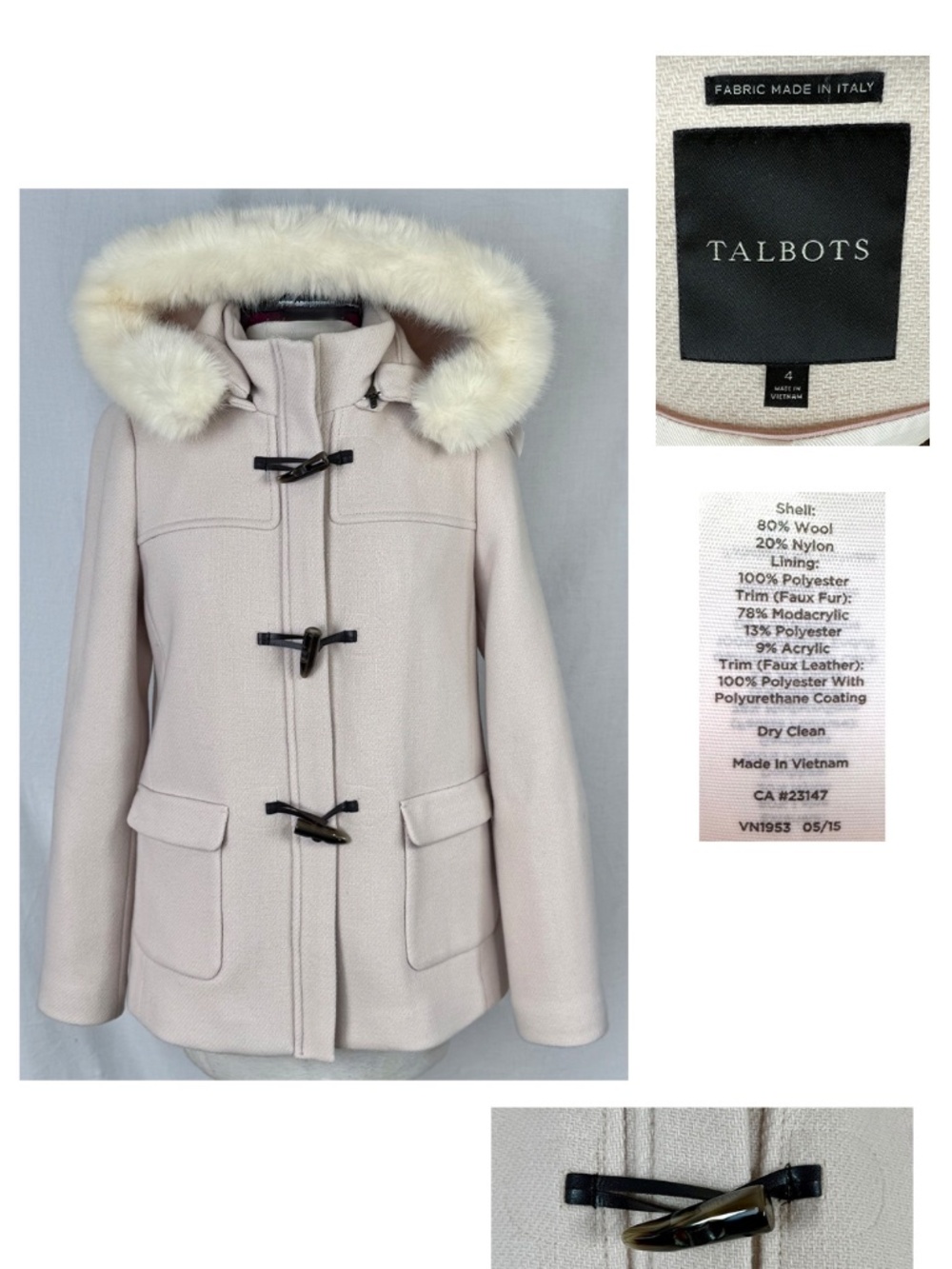 TALBOTS Size 4 Ivory Wool Blend Faux Fur Trim Detachable Hood Toggle Coat Jacket